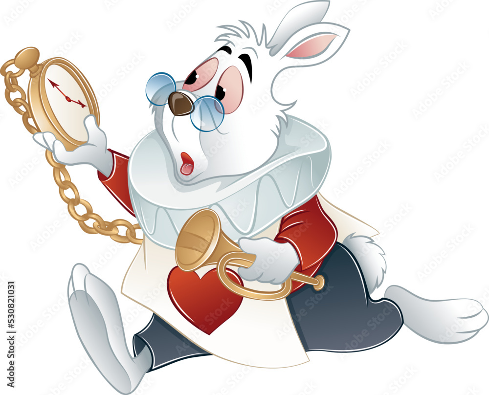 rabbit in a hurry running to wonderland with trumpet on its hand - obrazy, fototapety, plakaty 