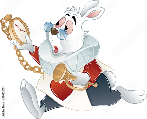 rabbit in a hurry running to wonderland with trumpet on its hand