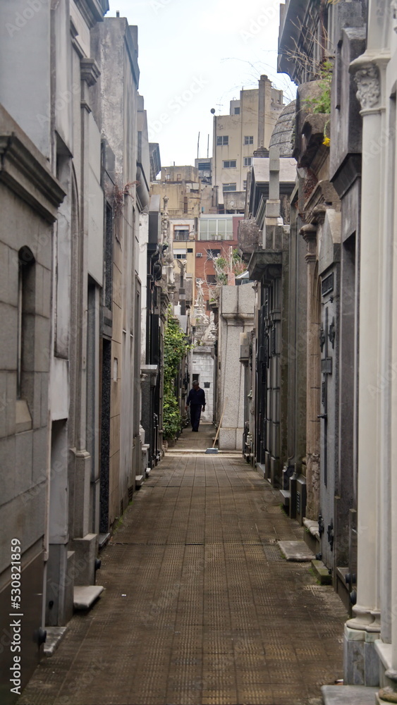 Tombs along an alley in La Recoleta Cemetery in Buenos Aires, Argentina