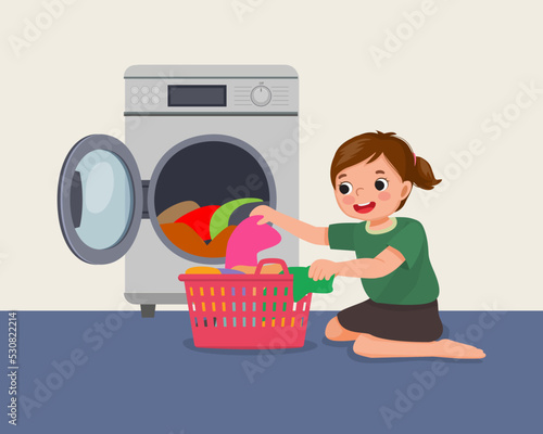 cute little girl doing laundry with washing machine helping mom as daily routine chores activity
