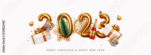 Happy New Year 2023. Golden metal number. Realistic 3d render sign. festive realistic decoration. Celebrate party 2023, Web Poster, banner, cover card, brochure, flyer, layout design. White background