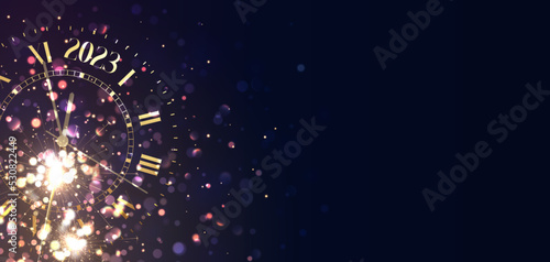 2023 New Years background vintage gold shining clock report time five minutes to midnight. Merry Christmas, banner, web poster. Holiday vector illustration
