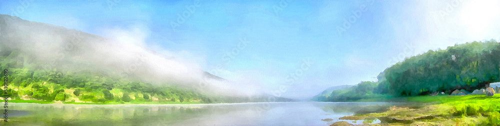 Obraz premium Panorama of green mountains in the clouds. Landscape view on green hills in fog at sunset. Tourism and travel. Watercolor drawing picture