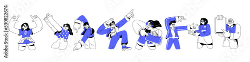 Happy people showing, pointing with finger, gesturing with hand, presenting. Lineart men and women characters advertising smth. Line-art flat graphic vector illustrations isolated on white background