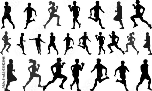 happy runners running marathon or jogging silhouettes collection Winner finish vector background and group of runners Run. Set of silhouettes of running men and women. Active people A group of running