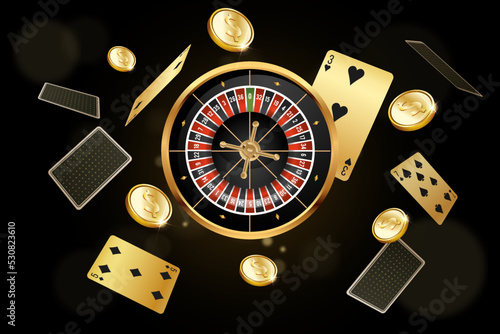 Vector illustration, casino background with golden playing cards casino chips and Jackpot you win text on sparkle background and golden lights. 3d background for casino games