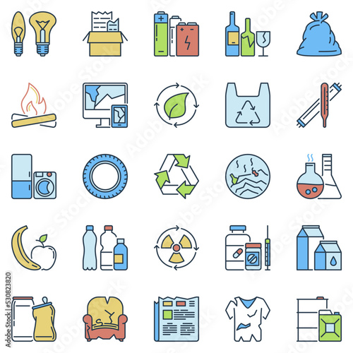 Garbage Waste Types Separation colored icons set. Recycling or Sorting symbols