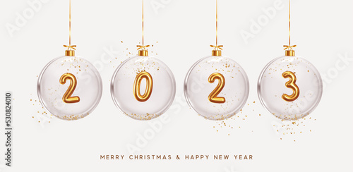 2023 Happy New Year. Golden metal number in glass bauble, Christmas decoration. Realistic 3d render metallic sign. Celebrate party 2023. Xmas Poster, banner, cover card, brochure, flyer, layout design