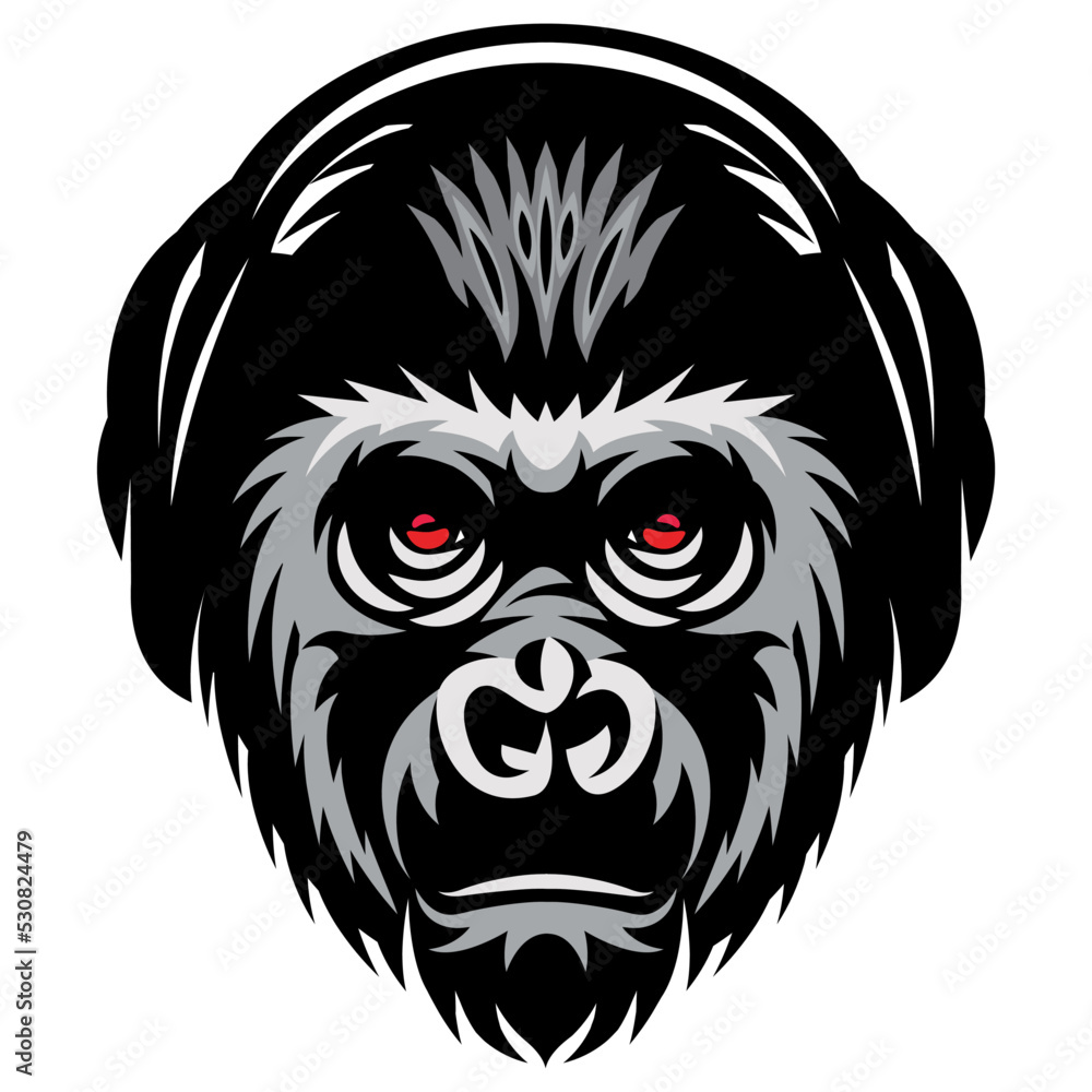 Monkey head template with headphones and wicked grimace. Vector monochrome illustration
