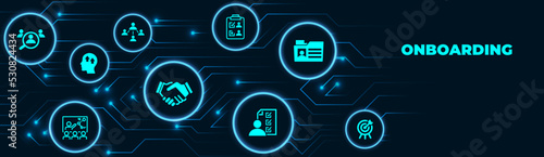 Onboarding vector illustration. Concept with connected icons related to welcoming new hire, welcome culture in the company, employee satisfaction, talent retention, workforce training.