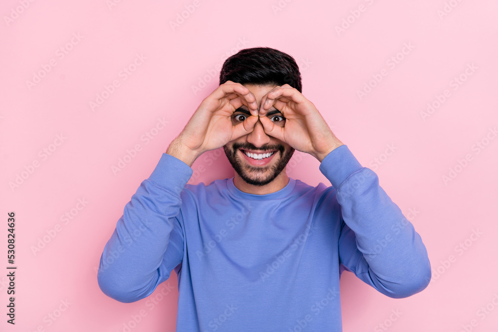 Fototapeta premium Photo of funny funky arab guy dressed blue pullover showing arms eyewear isolated pink color background