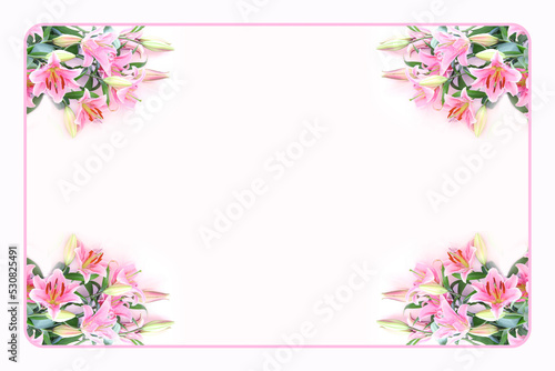 美しいピンクの百合の花束の合成フレーム（白バック）