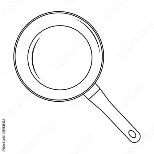 Black insulated frying pan with handle, black contour in doodle style, vector illustration