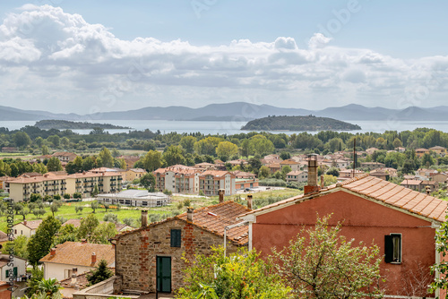 Panoramic view of Lake Trasimeno from Tuoro, Perugia, Italy