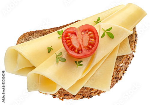 Fotobehang Gouda cheese slices on rye bread isolated