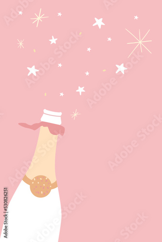 Open bottle of sparkling wine, stars and sparkles on pink background with copyspace. Vector illustration for party invitation, congratulations greeting card, event banner design