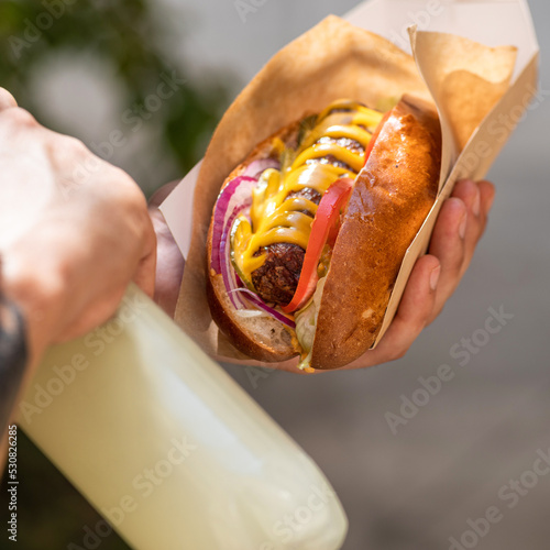 Принти на полотні Traditional hot dog with a smoked frankfurter on a fresh roll garnished with mustard and served with lettuce, tomato and onion on a gray stone background
