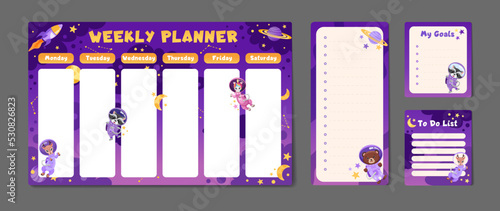 Cute set of printable weekly or daily planner, note paper design, school timetable, organizer template and to do list with cute animals astronauts, planets and stars. Vector cartoon illustration