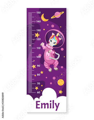 Kids height chart with animal astronaut in space suit, planets, spaceships, rockets, stars and moon. Meter wall or Growth ruler. Vector cartoon children illustration