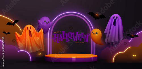 Happy Halloween background. Realistic 3d design in cartoon style, stage podium, round studio for sales, neon lights. Scary flying ghosts. Web poster, stylish flyer, holiday banner. vector illustration