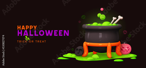 Happy Halloween background with magic cauldron and green potion boiled bones. Realistic 3d design in cartoon style. Holiday banner, web poster, stylish flyer, greeting card. vector illustration