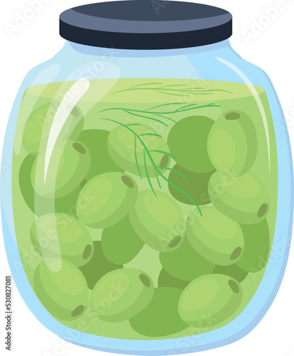 Glass jar of pickled olives. Cartoon food container