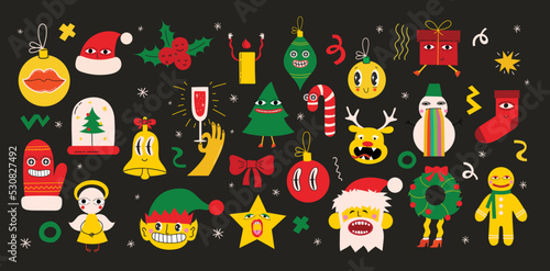 Merry Christmas and Happy New Year 2023. Vector trendy abstract illustrations of holiday card with santa claus, deer, crazy geometric shapes, christmas tree and wreath for poster.