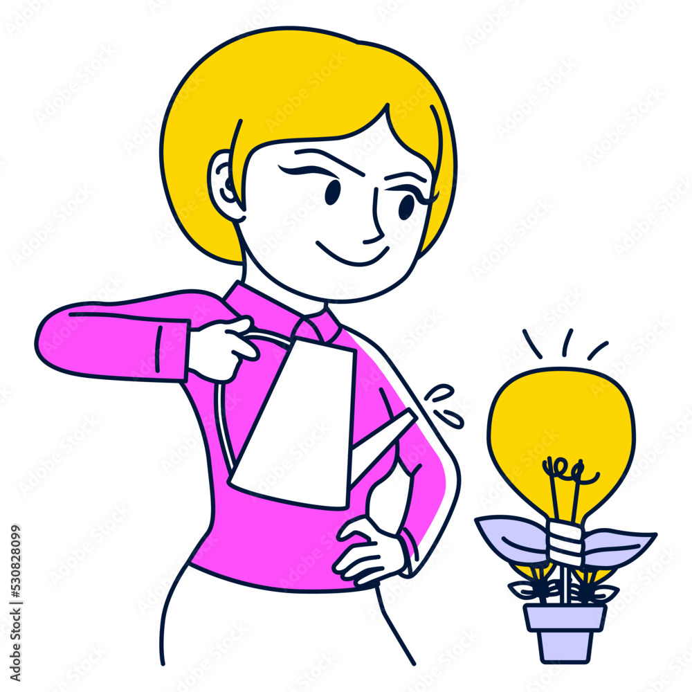 Female entrepreneur growing creative project, watering plant with lightbulb. Flat vector illustration of business ideas and innovations growth concept isolated on white background Female entrepreneur growing creative project, watering plant with lightbulb. Flat vector illustration of business ideas and innovations growth concept isolated on white background