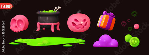 Holiday Halloween set of themed decorative elements for design. Realistic 3d objects in cartoon style. Skull, magic potion cauldron, pumpkin and gift box, green puddle of slime. vector illustration