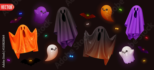 Holiday Halloween set of themed decorative elements for design. Realistic 3d objects in cartoon style. Ghosts fly with scary evil faces, good ghosts and bats, burning eyes. vector illustration