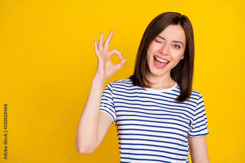 Photo portrait of cheerful young lady show okey sign winking quality approval wear stylish striped look isolated on yellow color background Photo portrait of cheerful young lady show okey sign winking quality approval wear stylish striped look isolated on yellow color background