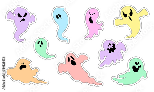 A set of Ghostly Halloween Silhouettes, Halloween Ghost Stickers. Collection of Ghostly Doodles