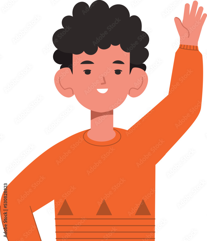 Obraz premium Smiling boy with raised hand. Goodbye gesture