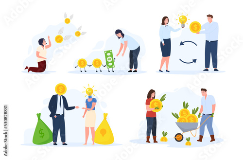 People ideas spending and earnings money concept set vector flat illustration