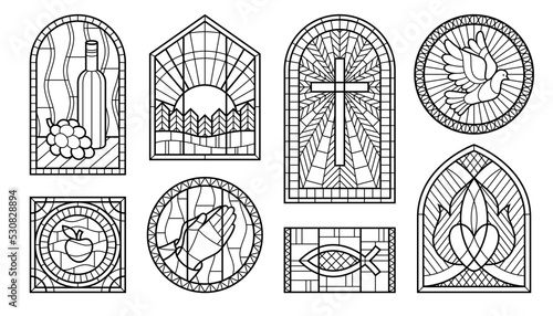 Stained glass windows monochrome line art set vector illustration. Medieval gothic cathedral