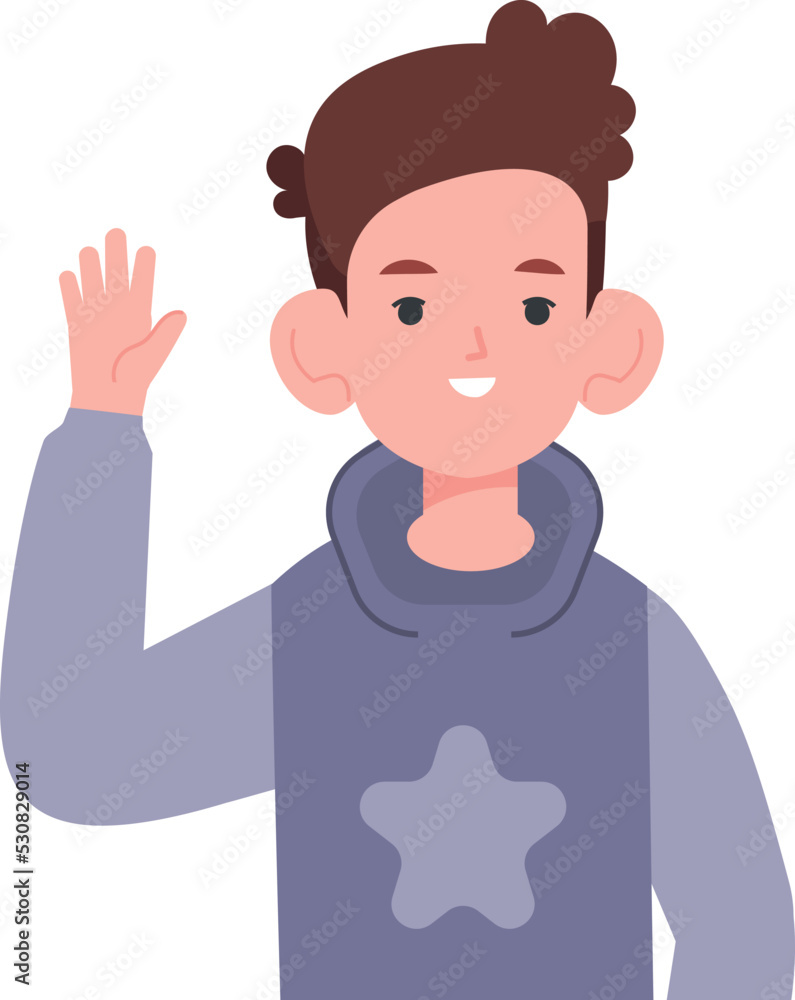 Boy greeting gesture. Happy schoolboy waving hand