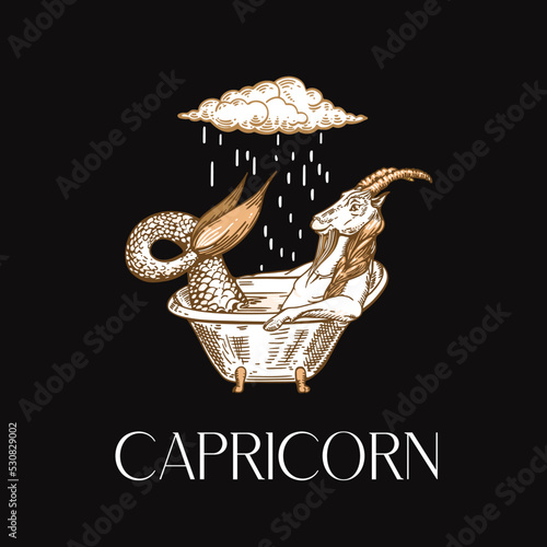 Capricorn zodiac sign. Capricorn is sitting in the bath. Cloud and rain. Astrology. Graphics.