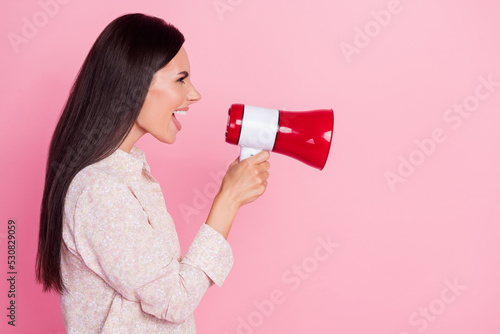 Photography Profile side photo of furious lady executive scream bullhorn subordinate employe