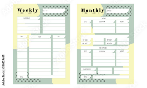 Template of personal budget plan, monthly, weekly and Trendy green yellow colors. Budget planner weekly and monthly