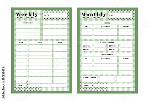 Template of personal budget plan, monthly, weekly and Trendy green colors. Budget planner weekly and monthly