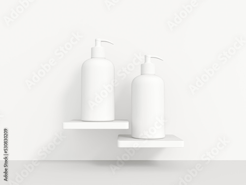 Plastic cosmetic pump bottle mockup isolated on white background. Shampoo, lotion, gel bottle packaging mock-up. Realistic blank cosmetic bottle for liquid products. 3d rendered illustration.