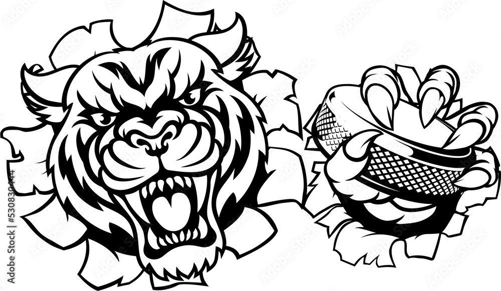 Fototapeta premium A tiger ice hockey player animal sports mascot holding a puck