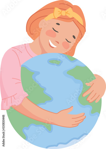 Girl embrace planet. Smiling kid saving Earth