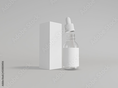 Medicine glass dropper bottle with box mockup. Serum skin care cosmetic bottle for label design, branding and packaging. 3D rendered Illustration.