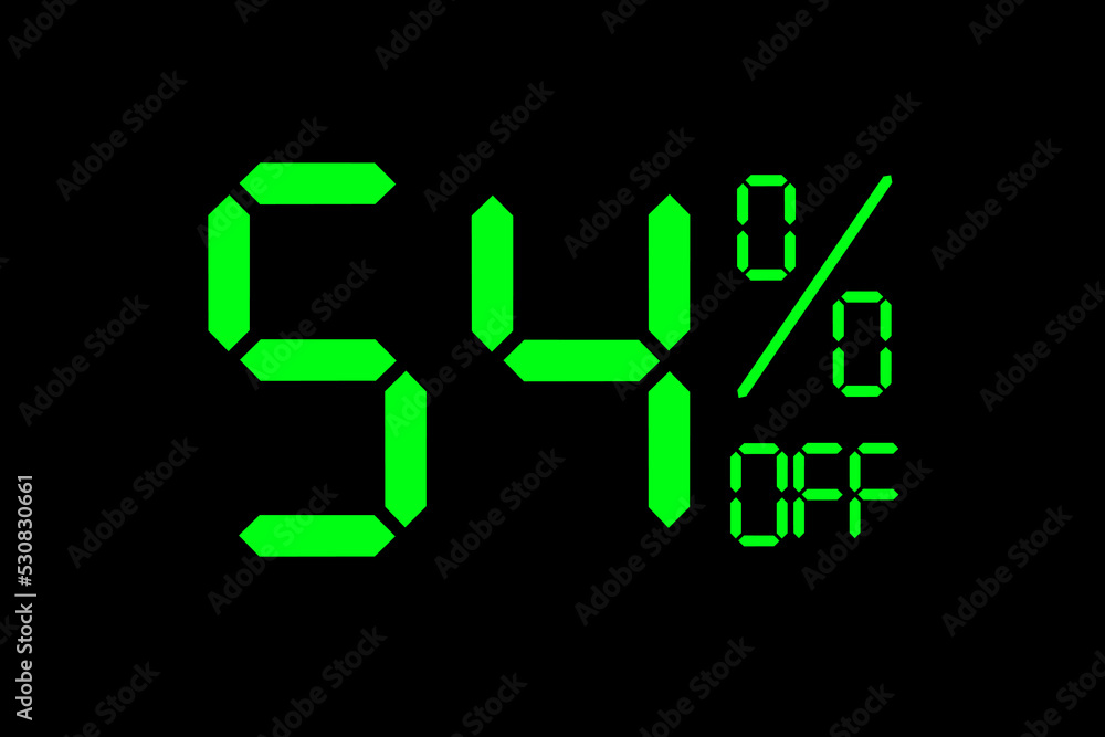 Vector illustration of green 54% discount special offer tag. Discount offer price tag for advertising campaign symbol in retail, sales promotion marketing, shopping day in green neon digital style. Vector illustration of green 54% discount special offer tag. Discount offer price tag for advertising campaign symbol in retail, sales promotion marketing, shopping day in green neon digital style.