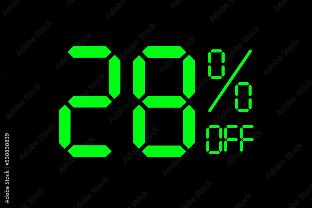 Vector illustration of green 28% discount special offer tag. Discount offer price tag for advertising campaign symbol in retail, sales promotion marketing, shopping day in green neon digital style. Vector illustration of green 28% discount special offer tag. Discount offer price tag for advertising campaign symbol in retail, sales promotion marketing, shopping day in green neon digital style.