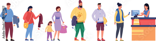People waiting in line to cashier in clothing store