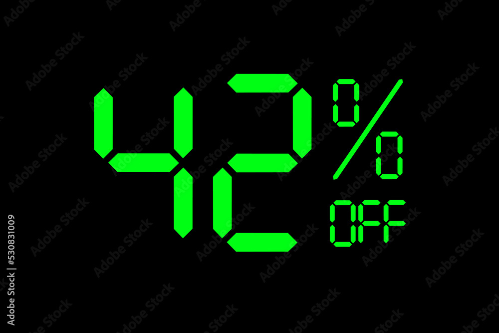 Vector illustration of green 42% discount special offer tag. Discount offer price tag for advertising campaign symbol in retail, sales promotion marketing, shopping day in green neon digital style. Vector illustration of green 42% discount special offer tag. Discount offer price tag for advertising campaign symbol in retail, sales promotion marketing, shopping day in green neon digital style.