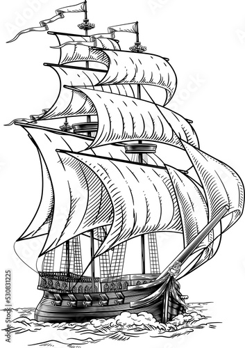 An original illustration of an old fashioned sailing ship or boat in a vintage etching woodcut style.