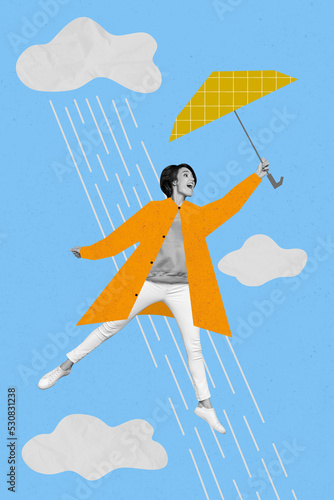 Creative abstract template collage of flying attractive young woman hang hold umbrella parasol blue sky high cloud rainy windy weather photo